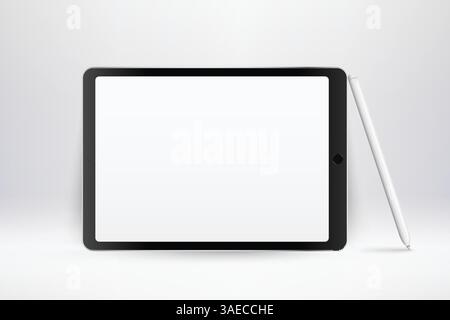 Realistisches Tablet-Modell. 3D-Gerät mit Stift und leerem weißen Bildschirm. Moderne gerahmte Tablettenschablone auf hellem Hintergrund. Abbildung: 3D-Einbauschraube des Geräts Stock Vektor