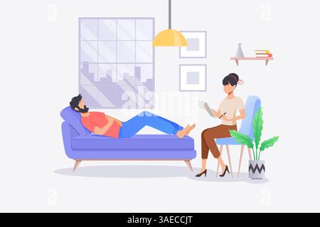 Psychotherapiepraxis in der Therapeutenpraxis mit Patient auf Sofa. Karikaturillustration der psychologischen Therapieberatung. Eine Frau, die sitzt und mit ihr redet Stock Vektor
