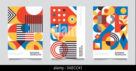 Bauhaus inspirierte Poster mit quadratischen Figuren, Schatten und Text. Minimalistisch moderne abstrakte Broschüren. Abstrakte Retro-Poster mit Vorlagen für Grundfiguren Stock Vektor