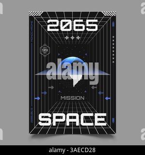 Poster mit HUD-Elementen, Perspektivenraster, futuristischen Designelementen, Diagramm und Modell des Planeten. Abstraktes Poster mit Drahtmodell-3D-Figuren Stock Vektor