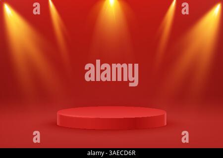 Leeres rundes Podium mit Spotlight. Konzept der Preisverleihung. Abstrakte Szene mit Lichtern. Mockup-Szene. Plattform für Geometrieformen Stock Vektor