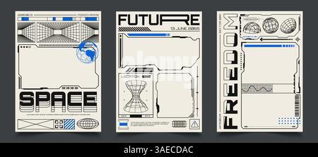 Poster mit HUD-Elementen und leeren Rahmen. Perspektivenraster, futuristische Designelemente und Planetenmodell. Abstraktes Cyberpunk-Banner mit Drahtmodell Stock Vektor