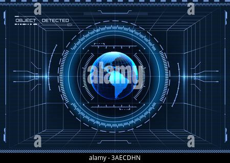 Hologramm des Planeten Erde mit HUD-Benutzeroberfläche. Techno-Zielbildschirmelemente. Futuristische Benutzeroberfläche. Virtuelle Grafik. Infografik-Elemente Stock Vektor