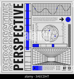Abstraktes Banner mit 3D-Drahtmodellfiguren. Poster mit HUD-Elementen, Perspektivenraster, futuristischen Designelementen, Diagramm und Modell des Planeten. Retro c Stock Vektor
