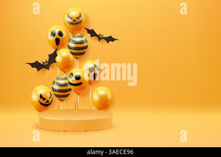 Orangefarbener Halloween-Hintergrund mit Kürbissen, Spinne, Fledermaus, Süßigkeiten und Lichtern. Kürbis fliegt um die Plattform herum. Realistisches 3D-Design-Podium, runder Studi Stock Vektor