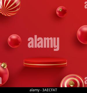 Weihnachtliches rotes fliegendes Podium mit festlicher Dekoration. 3D-Szene zu Weihnachten und Neujahr, Podium für Produktpräsentation auf rotem Hintergrund Stock Vektor