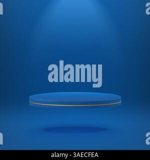 Dunkelblaues leeres, realistisches 3D-Zylinder-Podium, das in Luft mit Punktlicht schwimmt. Konzept der Preisverleihung. Abstrakte Szene mit zylindrischem Podium. Geometrie Stock Vektor