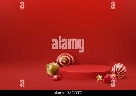 Weihnachtliches rotes Podium mit festlicher Dekoration. 3D-Szene zu Weihnachten und Neujahr, Podium für Produktpräsentation auf rotem Hintergrund Stock Vektor