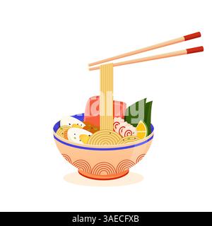 Tonkotsu Ramen Suppenschüssel mit Nudeln, Nori, geschnittenem geschmortem Schweinefleisch, gekochten Eierkehlen. Japanische Nudeln Chashu in Scheiben geschnittene Ramen-Schüssel mit Stäbchen. Asiatisch Stock Vektor