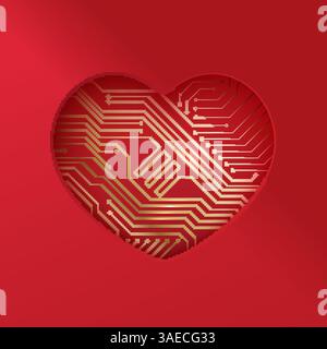 Hintergrund mit herzförmigem Loch und Leiterplatte. Virtuelles Liebeskonzept. Minimalistische Valentinstag-Grußkarte Stock Vektor