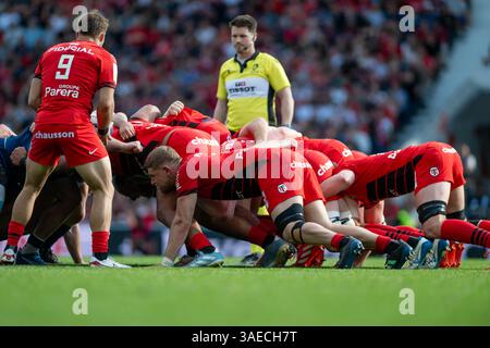 Toulouse, Frankreich. April 2025. Scrum of Toulouse während des Champions Cup, Achtelfinale des Rugby-union-Spiels zwischen Stade Toulousain und Sale Sharks am 6. April 2025 im Stadion in Toulouse, Frankreich - Foto Nathan Barange/DPPI Credit: DPPI Media/Alamy Live News Stockfoto