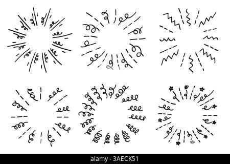 Eine Sammlung abstrakter, handgezeichneter kreisförmiger Kritzeleien mit Liniengrafiken mit verschiedenen dynamischen Mustern, die jedem Design ein kreatives Flair verleihen Stock Vektor