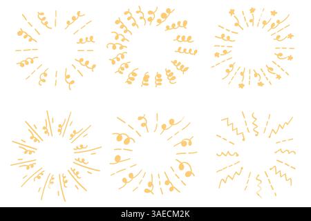 Eine Kollektion abstrakter, kreisförmiger, handgezeichneter Kritzeleien in Gelb mit verschiedenen dynamischen Designs, perfekt für kreative Projekte. Stock Vektor