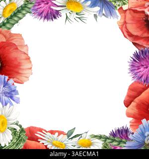 Quadratischer Rahmen für Wildblumen. Vintage-Aquarellstil. Botanische Grußkarte mit Blumenmuster, natürlicher Rahmen. Handgefertigte Kollektion isoliert auf weißem Hintergrund Stockfoto