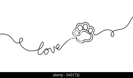 Ununterbrochene Linienzeichnung von Pfoten. Mit einer Hand gezeichnete Konturlinien Hund oder Katze. Design-Prints. Standfläche auf der Linie markieren. Schwarze lineare Skizzenkontur Stock Vektor