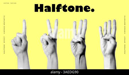 Illustration mit Rastereffekt von vier Händen, die verschiedene Fingergesten im Vintage Pop Art Style zeigen Stock Vektor