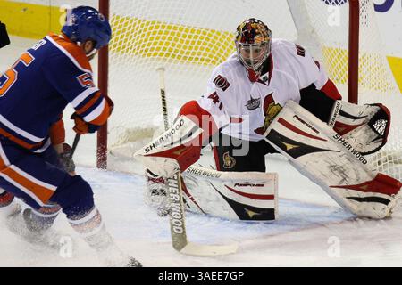 17. November 2011 - Edmonton, Alberta, Kanada - Edmonton Oilers [Defenseman] Ladislav Smid (5) schlägt sich gegen die Ottawa Senators am Rexall Place in Edmonton, ab (Credit Image: © Marko Ditkun/Southcreek/ZUMApress.com) Stockfoto