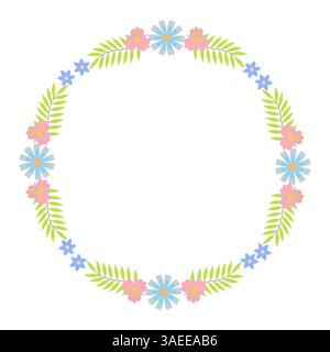 Runder Blumenkranz von dekorativen skurrilen Blumen, Blättern, einfaches Rahmendesign-Element für Hochzeit, Geburtstag, Karte, Hintergrund, Einladung, Aufkleber, Dekoration Stock Vektor
