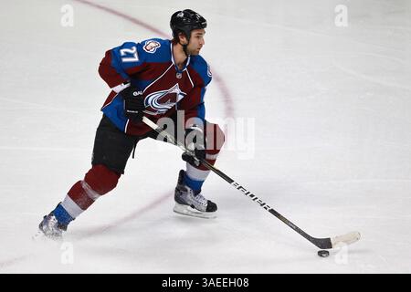 November 2011 – Denver, Colorado, USA Kyle Quincey (27) kontrolliert den Puck in der ersten Phase gegen die San Jose Sharks. Die Colorado Avalanche beherbergte die San Jose Sharks im Pepsi Center in Denver, CO. (Credit Image: © Isaiah Downing/Southcreek/ZUMApress.com) Stockfoto