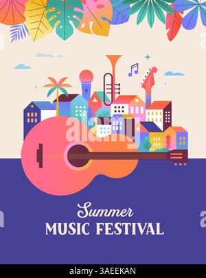 Bunte geometrische Vorlage für Sommermusik, Poster, Banner. Lustiges Sommerkonzept mit Gitarre und Stadtleben. Vektor Stock Vektor