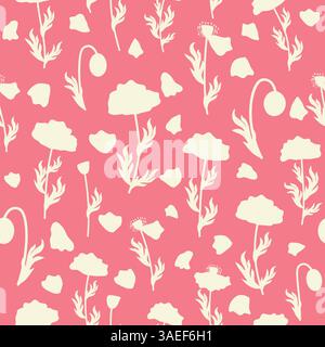 Zweifarbige Kontur nahtloses Muster mit Mohnblumen und Blättern. Abstraktes Blumenmuster im Frühling, Sommerpastellmuster Stock Vektor