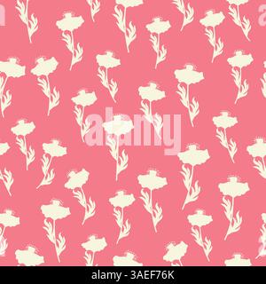 Zweifarbige Kontur nahtloses Muster mit Mohnblumen und Blättern. Abstraktes Blumenmuster im Frühling, Sommerpastellmuster Stock Vektor