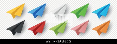 Vektor Realistisches Papier Flugzeuge Symbol Nahaufnahme Isoliert. Bunte Gefaltete Papierebenen. Design-Vorlage Für Einfache Papierflugzeuge Stock Vektor