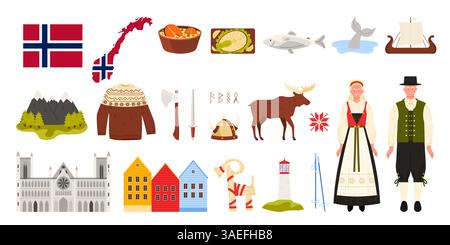 Reisen Sie nach Norwegen Set, norwegische Menschen, kulturelle Elemente und Natur, Wahrzeichen und Essen. Nidaros Kathedrale und traditionelle farbenfrohe Häuser von Bergen, Lutefisk und wikinger Cartoon Vektor Illustration Stock Vektor