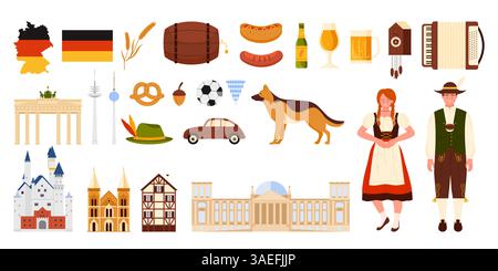 Reisen Sie nach Deutschland, Symbole und Charaktere der nationalen Kultur. Deutscher Mann und Frau, Essen des Oktoberfestes und bayerisches Bier, Baudenkmäler und Flagge auf der Karte Cartoon Vektor Illustration Stock Vektor