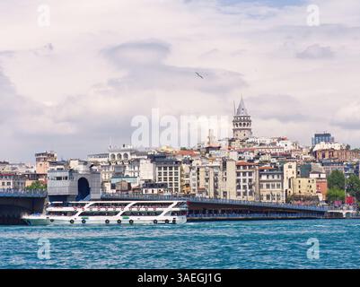 Panoramablick auf Istanbuls Uferpromenade mit historischen Gebäuden und dem Galata-Turm, der sich über der Skyline erhebt Stockfoto