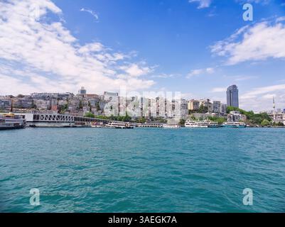 Panoramablick auf die Stadt Istanbul mit Gebäuden und Booten entlang des Bosporus Stockfoto