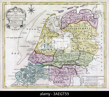 Neue Karte der Batavischen republik, aufgeteilt in ihre Departements und Ringe gemäß dem Gesetz über die staatlichen Regelungen für die Batavische republik 1798. Die Niederlande gedruckt von Cornelius van Baarsel, herausgegeben von Johannes Allart, eine alte Karte aus dem 18. Jahrhundert Stockfoto