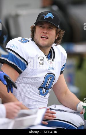 18. Dezember 2011 – Oakland, CA, USA – 18. Dezember 2011; Matthew Stafford #9 der Lions während des Spiels. Die Detroit Lions besiegten die Oakland Raiders mit 28-27 Punkten im Oakland Coliseum in Oakland, CA. (Bild: © Paul Lane/ZUMAPRESS.com) Stockfoto