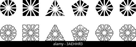 Geometrische Formen unterteilt in 12 Schichten, isoliert auf weißem Hintergrund. Rund, quadratisch und dreieckig, fünfeckig und sechseckig in zwölf Sektoren geschnitten. Vektorgrafik. Stock Vektor