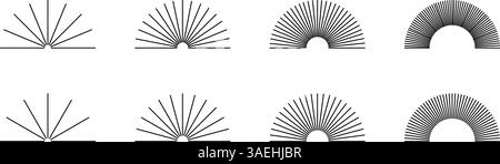 Gerade radiale Linien in Halbkreisformen. Set von Sonnenstrahlen-Symbolen auf weißem Hintergrund. Sunrice- oder Sunset-Schilder. Symbole für Strahlkraft, Explosion oder Feuerwerk. Vektorgrafik. Stock Vektor