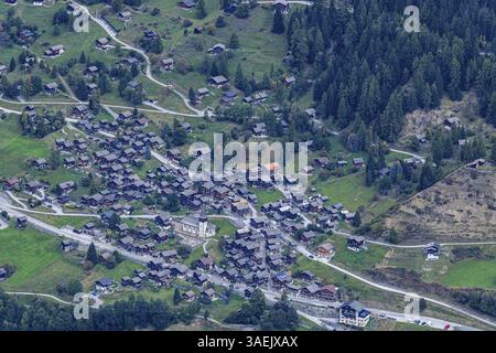 Bergdorf Ayer, aus der Vogelperspektive, Val d'Anniviers, Walliser Alpen, Kanton Wallis, Schweiz, Europa Stockfoto