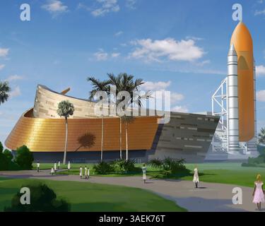 26. Januar 2012 - Cape Canaveral, Florida, USA - Künstler zeigen einen externen Panzer und zwei massive Raketenverstärkerreplikate am Eingang der Ausstellung. Mit der 25-jährigen Karriere des Space Shuttle Atlantis in den Geschichtsbüchern ist seine nächste Mission, Generationen von Besuchern des Kennedy Space Center Visitor Complex in Florida zu informieren und zu inspirieren, der Realität einen Schritt näher. Eine Spatenstich-Zeremonie am 18. Januar startete offiziell den Bau einer neuen 65.000-Quadratmeter-Ausstellung auf der Space Shuttle Plaza des Komplexes, wo der vierte Weltraumorbiter der NASA der m sein wird Stockfoto