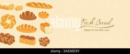 Brotbrot und Gebäck Produkte Zeichentrickvorlage Hintergrund. Poster mit einfachem Vollkornbrot, französischem Baguette-Weizen-Roggenbrot. Bäckerei Gebäck strukturierte Abdeckung Kunst Vektor Illustration Stock Vektor
