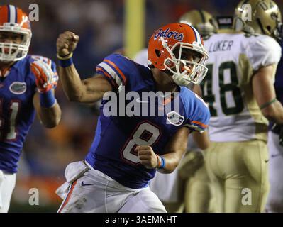 9. September 2011 - Gainesville, FL, USA - Florida Running Back Trey Burton (8) feiert, nachdem er am Samstag, den 10. September 2011, im Ben Hill Griffin Stadium in Gainesville, Florida, im zweiten Quartal gegen die University of Alabama-Birmingham einen ersten Niederschlag gespielt hat. (Bild: © Gary W. Green/Orlando Sentinel/MCT/ZUMAPRESS.com) Stockfoto