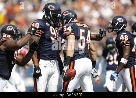 11. September 2011 – Chicago, IL, USA – Chicago Bears Linebacker Brian Urlacher (54) feiert im ersten Quartal eine Interception. Die Chicago Bears besiegten die Atlanta Falcons 30–12 beim Soldier Field in Chicago, Illinois, am Sonntag, den 11. September 2011. (Bild: © Jose M. Osorio/Chicago Tribune/MCT/ZUMAPRESS.com) Stockfoto