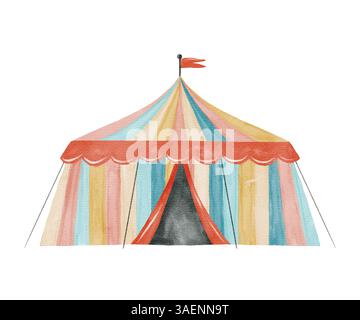 Eine skurrile und farbenfrohe Illustration mit einem lebendigen, gestreiften Zirkuszelt, ideal für fröhliche festliche Designs. Isoliertes handgezeichnetes Aquarellobjekt auf weißem Hintergrund. Stockfoto