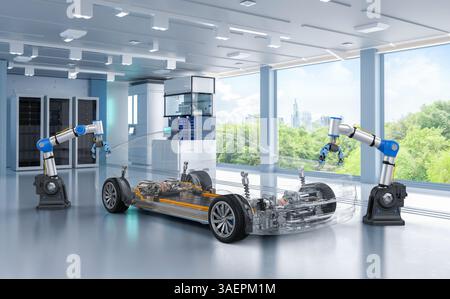 EV Car for Green Environment Concept mit 3D-Rendering-Roboterarmen Herstellung von EV Car mit grünem Hintergrund Stockfoto