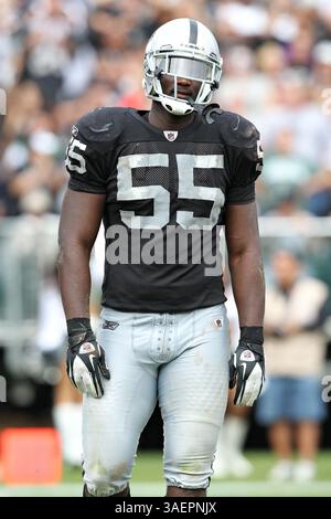 25. September 2011: Der Linebacker Rolando McClain (55) der Oakland Raiders sieht beim NFL-Football-Spiel zwischen den Oakland Raiders und den New York Jets im O.Co Coliseum in Oakland, Kalifornien, an die Seitenlinie. Die Oakland Raiders besiegten die New York Jets 34 zu 24. (Bild: © Christopher Trim/Cal Sport Media/ZUMAPRESS.com) Stockfoto