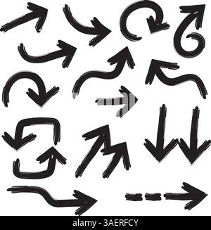 Handgezeichnetes schwarzes und weißes Pfeilkritzelset Stock Vektor