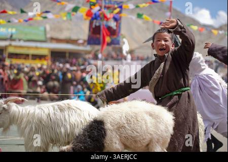 September 2011 - Ladakh, Indien - Ein lebendiger und fröhlicher Tanz der jungen Nomaden aus der Wüste Changthang beim Ladakh Festival. Diese Nomaden sind Hirten der Paschmina-Wolle und leben in sparsamen Zelten und leben in den Wüstenplateaus des Himalaya, die sich von Ladakh bis nach Tibet erstrecken. (Bild: © Jaina Mishra/ZUMAPRESS.com) Stockfoto