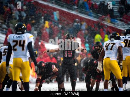 29. Oktober 2011: Rutgers' Quarterback Gary Nova (15) ruft Signale während eines Big East Rival Football Spiels zwischen den Rutgers Scarlet Knights und den University of West Virginia Mountaineers im HighPoint Solutions Stadium in Piscataway, New Jersey. West Virginia besiegte Rutgers 41–31. (Bild: © Duncan Williams/Cal Sport Media/ZUMAPRESS.com) Stockfoto