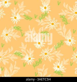 Süßes und fröhliches Gänseblümchenmuster mit zarten weißen Blüten und frischem grünem Laub auf einem warmen Aprikosenhintergrund, perfekt für einen Hauch von Frühling Stockfoto