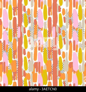 Nahtloses abstraktes Muster mit bunten Pinselstrichen und verstreuten Punkten auf weißem Hintergrund für moderne Textil- und Oberflächendesigns. Stockfoto
