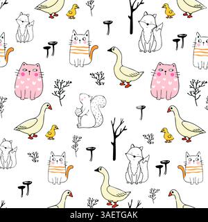 Wunderbares und niedliches Tiermuster mit handgezeichneten Katzen, Gänsen, Eichhörnchen, Füchsen und Bäumen auf weißem Hintergrund, perfekt für einen verspielten und charmanten Charme Stockfoto