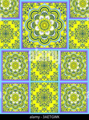 Lebendiges Mandala-Fliesenmuster in Gelb-, Grün- und Blautönen, das ein kunstvolles und auffälliges Bohème- oder Ethno-Design schafft Stockfoto